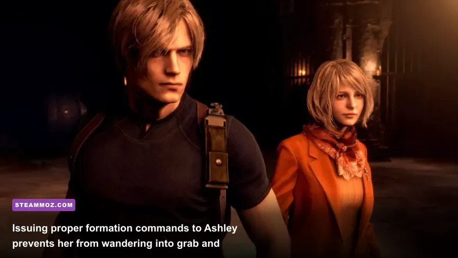 Leon protecting Ashley Graham from robed Los Iluminados zealots in an ornate castle corridor