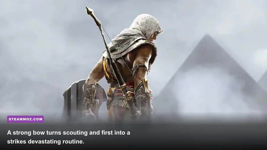 Bayek using a predator bow for a stealth headshot in Assassin's Creed Origins