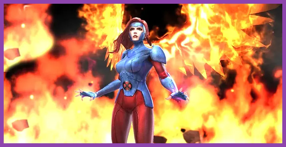 Jean Grey in the Dark Phoenix uniform fighting in Marvel Future Fight