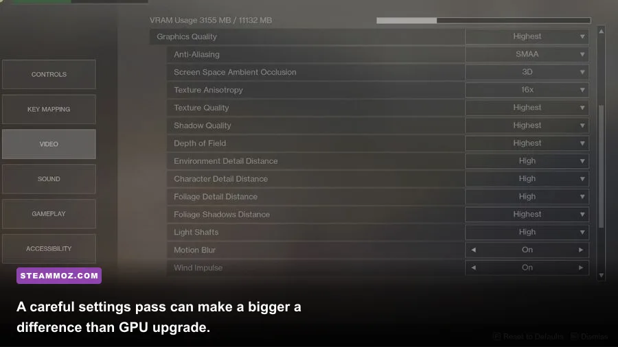 Eternal Destiny graphics settings menu on PC