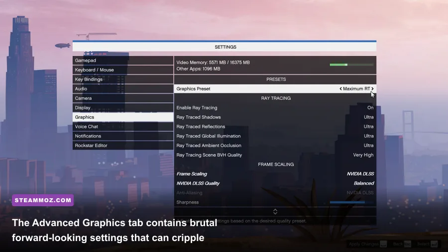 Advanced graphics settings menu in GTA 5 PC showing extended distance scaling