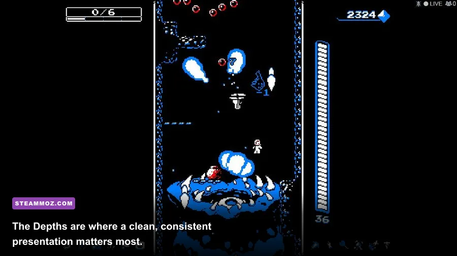 Downwell The Depths final area gameplay with the player descending through hazards