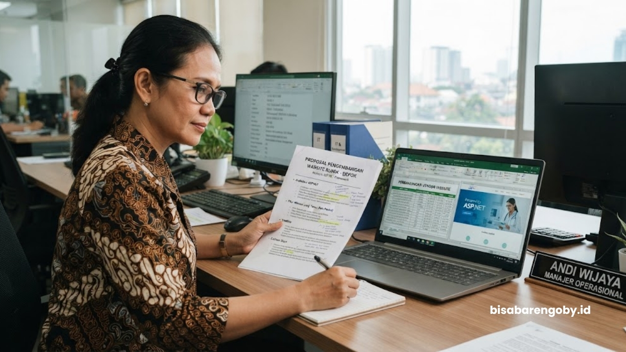 Manajer operasional meninjau proposal TI saat mencari jasa website klinik untuk perusahaan di Depok berbasis ASP.NET