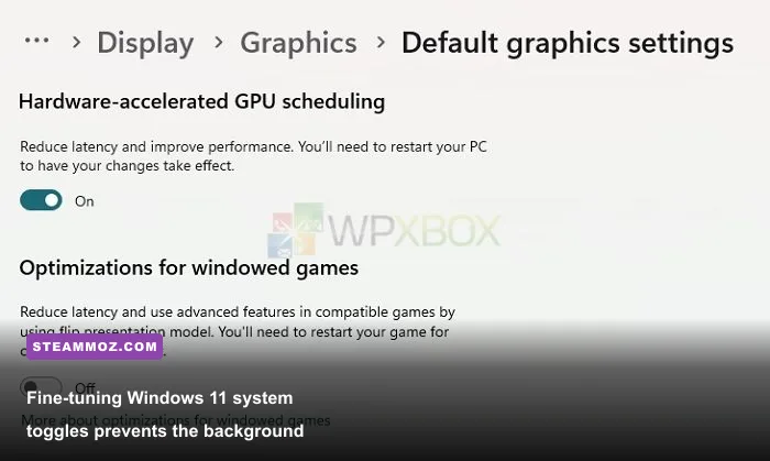Windows 11 graphics settings menu with Auto HDR and Hardware Accelerated GPU Scheduling toggles