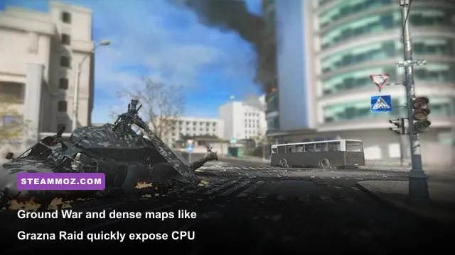 Ground War mode firefight in Modern Warfare showing high draw distance and particle effects
