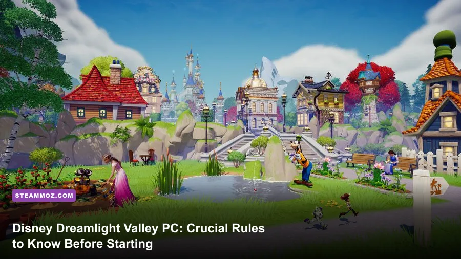 Disney Dreamlight Valley player character standing in the Plaza on PC at max settings
