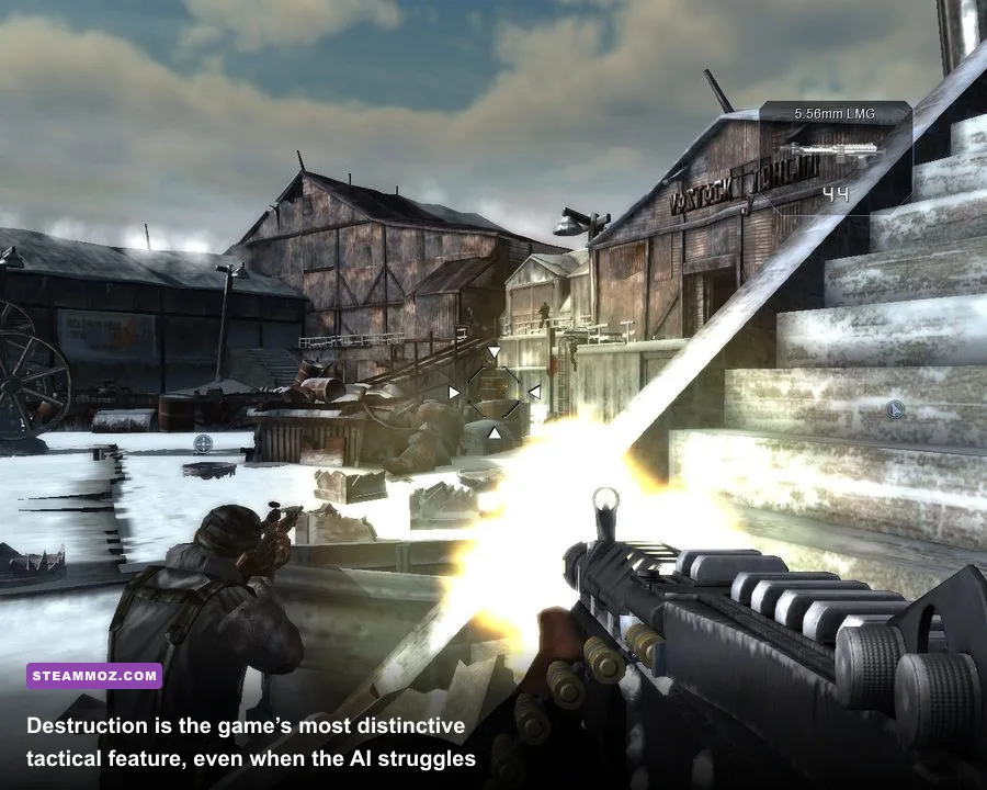Conflict Denied Ops screenshot showing a destructible wall and damaged cover during combat