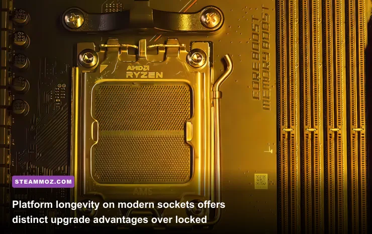 Close-up of an AMD Ryzen desktop processor seated in an AM5 socket beside high-speed DDR5 memory sticks