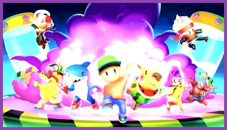 Stumble Guys characters running with custom footstep trails on obstacle course