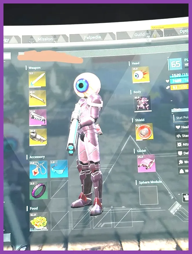 Character wearing a mixed S-Tier and A-Tier armor loadout in Palworld