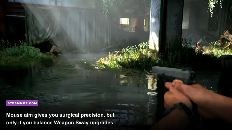 Joel lining up a headshot with a revolver in a ruined interior in The Last of Us Part 1 PC