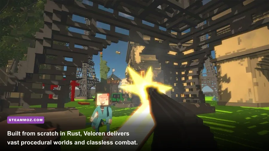 Veloren open-source voxel RPG landscape with player character using a glider