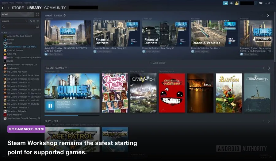 Steam Workshop page showing subscribed mods for a PC game on Windows