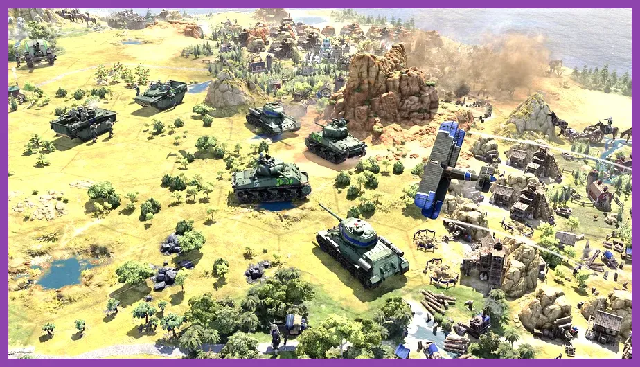 Civilization 7 Modern Age army using tanks infantry and artillery