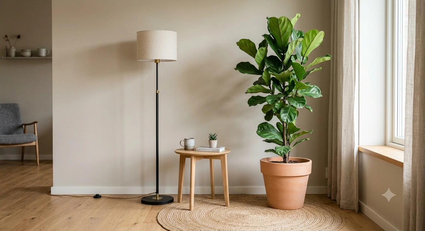 empty living room corner styled with a tall plant and floor lamp