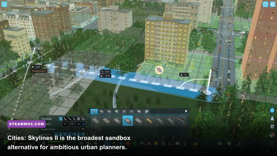 Cities Skylines II city with a complex highway interchange and dense urban development