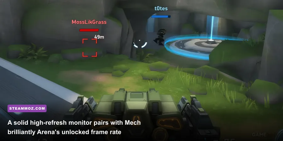 Player hangar in Mech Arena displaying upgraded mechs ready for PC match queue