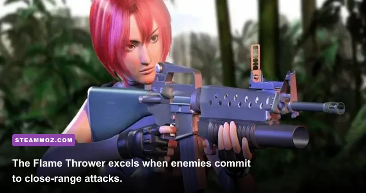 Dino Crisis 2 Regina firing the Flame Thrower in a dinosaur encounter