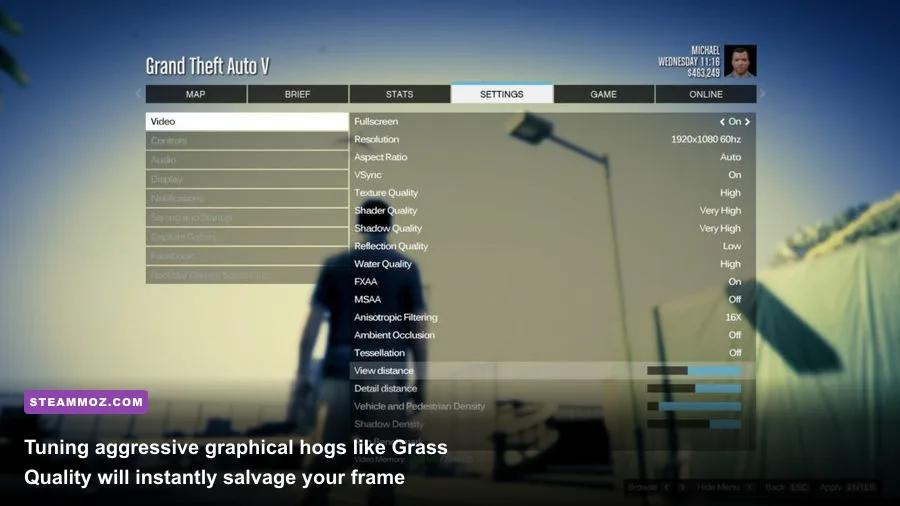 GTA 5 PC display and graphics settings menu showing Grass Quality and MSAA options