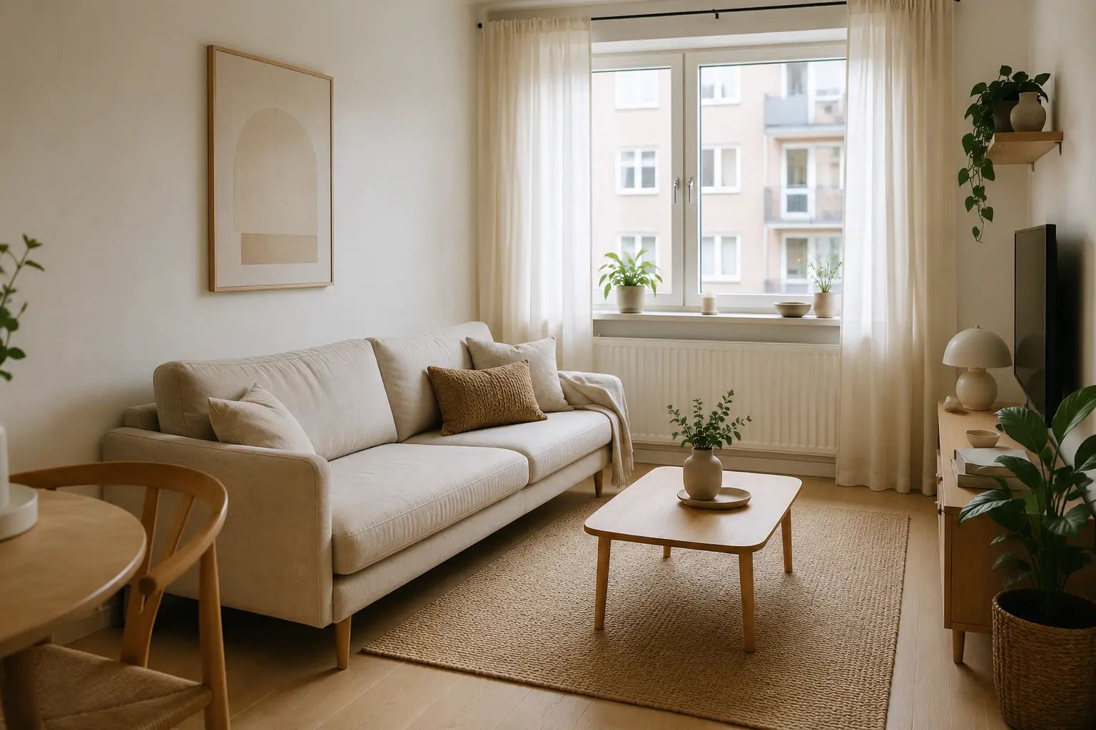 Small living room with a well-proportioned sofa and clear walking space