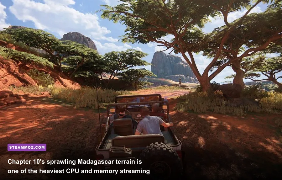 Nathan Drake driving the 4x4 jeep through muddy terrain in Madagascar