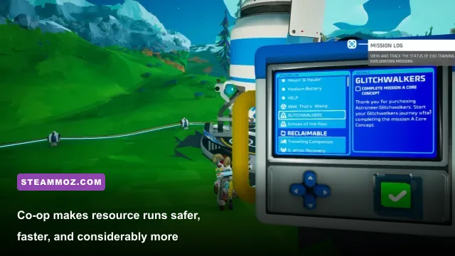 Two Astroneer players exploring Aeoluz together in Glitchwalkers co-op