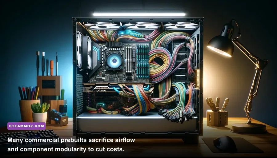 Interior view of a prebuilt gaming computer highlighting OEM proprietary parts and cooling fans
