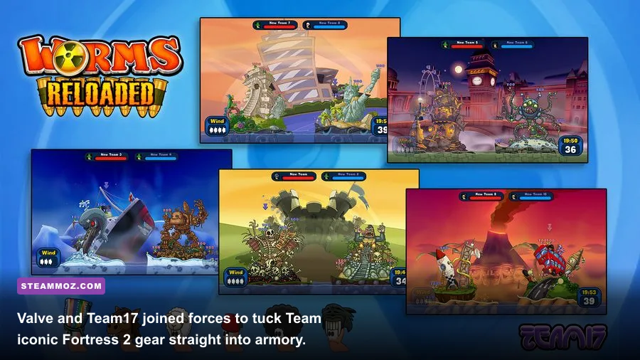 Worms Reloaded customisation menu showcasing Team Fortress 2 hats and thematic gravestones