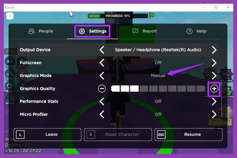 Roblox menu showing manual graphics mode and slider settings