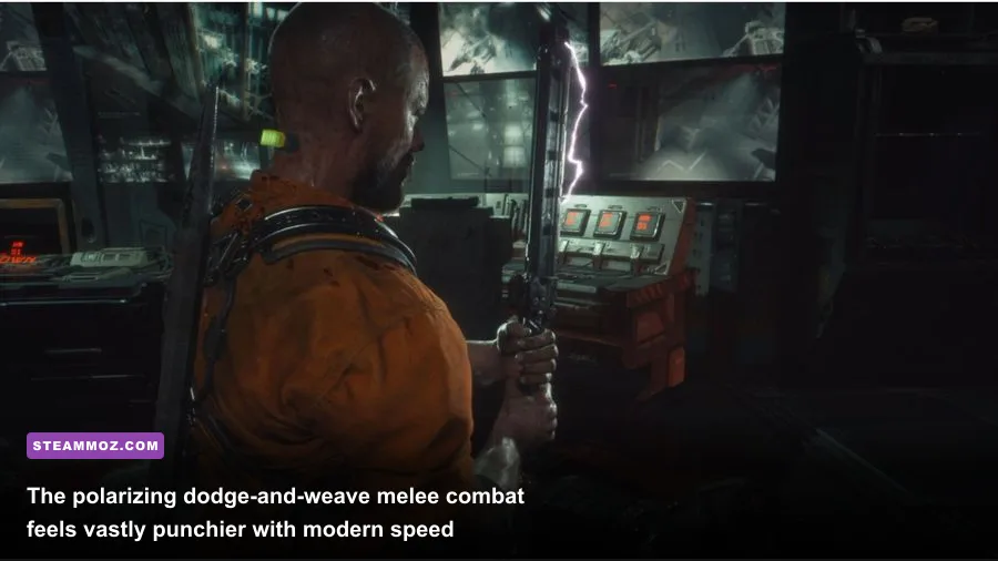 Jacob Lee swinging the electric stun baton at a mutated Biophage in close-quarters combat