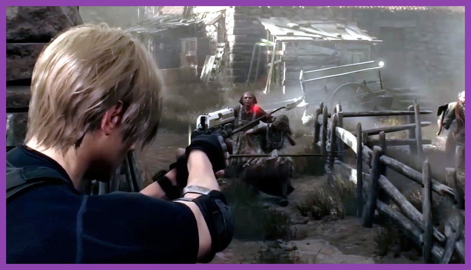 Leon S. Kennedy aiming his handgun with aim assist enabled