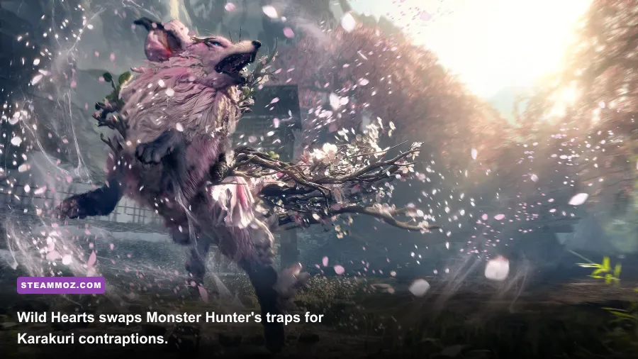 Player battling a giant Kemono beast in Wild Hearts