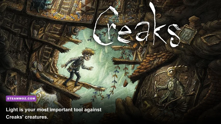 Creaks player using a lamp to transform a hostile creature during a puzzle
