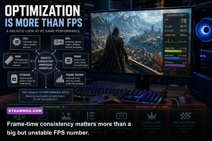 Education PC gameplay with frame-time monitoring for stutter troubleshooting