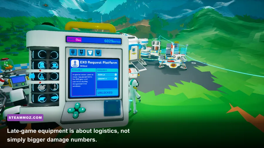 ASTRONEER late-game base with EXO Dynamics equipment and portable machinery
