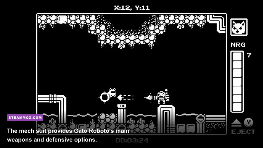 Kiki piloting the Gato Roboto mech suit during gameplay