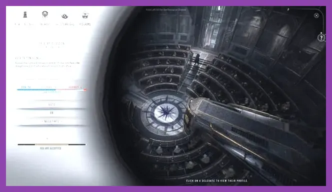 Frostpunk 2 council chamber UI with competing political factions