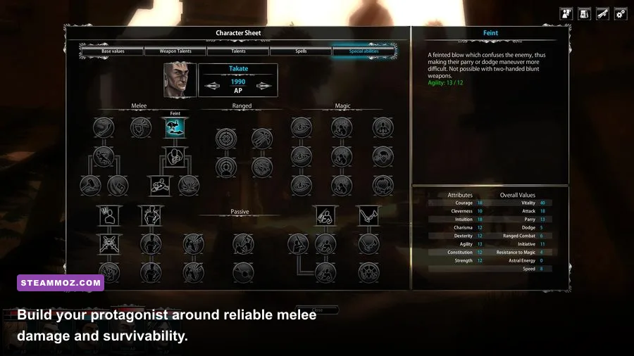 Blackguards character creation screen showing attributes and combat skills