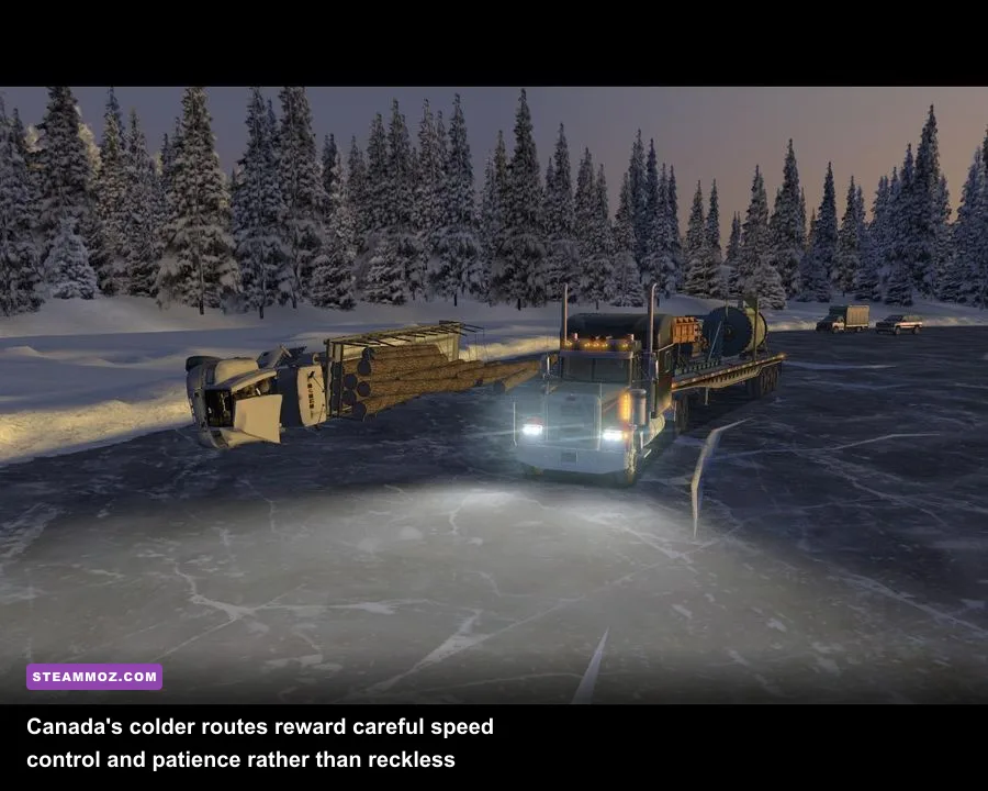 18 Wheels of Steel Extreme Trucker 2 truck driving through a snowy Canadian route
