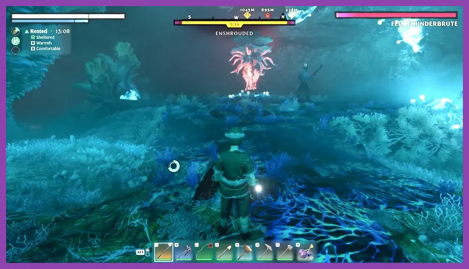 Player fighting a Fell Thunderbrute elite boss inside the Shroud in Enshrouded