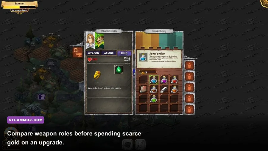 Crowntakers weapon and equipment inventory showing swords bows and armor