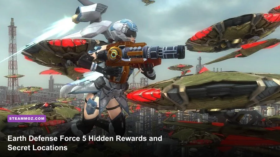 Earth Defense Force 5 soldiers fighting giant aliens in a city