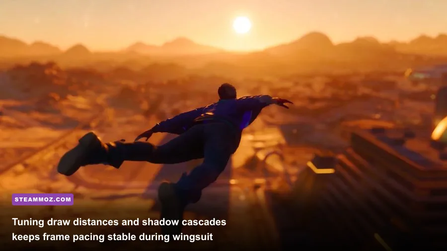 Player wingsuiting over Santo Ileso with draw distance visible