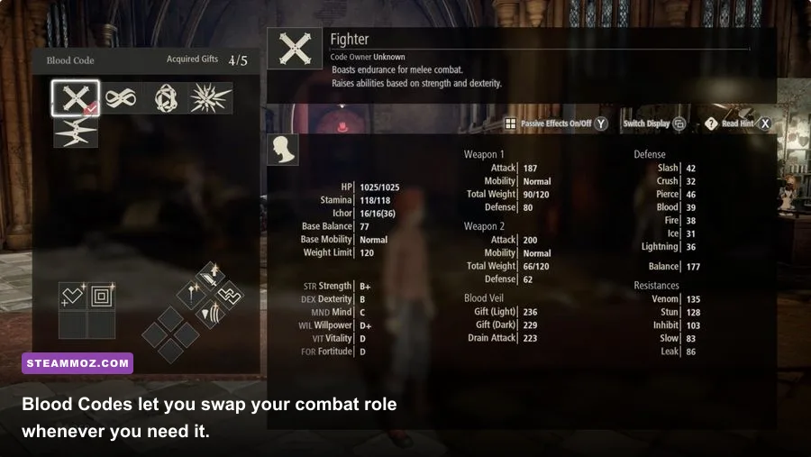 CODE VEIN Blood Code and Gift selection menu showing character build options