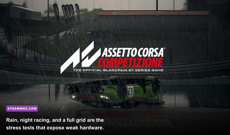 Assetto Corsa Competizione rainy GT3 racing gameplay on PC