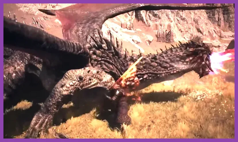 Arisen fighting a red Drake dragon in Dragon's Dogma 2