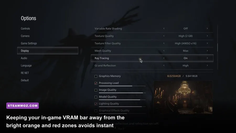 Resident Evil 4 graphics options menu showing VRAM usage meter