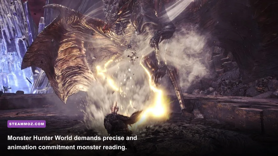 Hunter executing a Super Amped Elemental Discharge on an elder dragon in Monster Hunter World