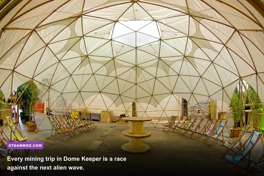 Dome Keeper gameplay showing a miner drilling tunnels beneath a defensive dome