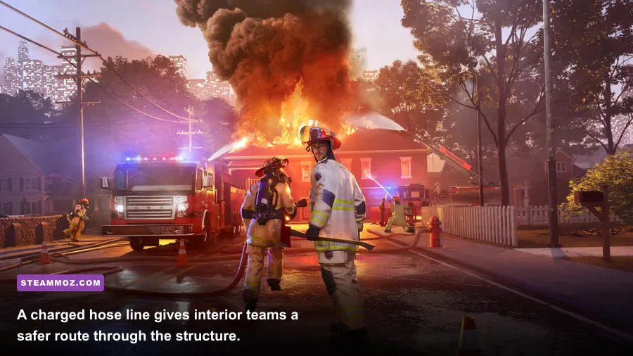 Firefighters 2014 firefighter using a hose line while entering a burning building